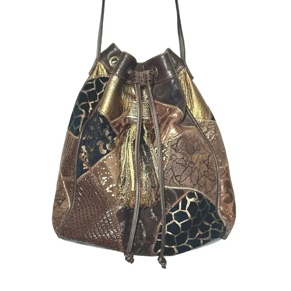 Brizzolari | Women | Mixed Media Patchwork Leather Bucket Hobo Bag | Medium
